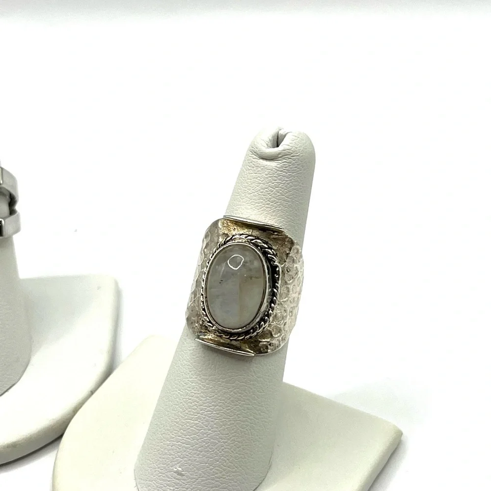 Three Silver Tone Rings with White/Opalescent Stones - Stackable Set